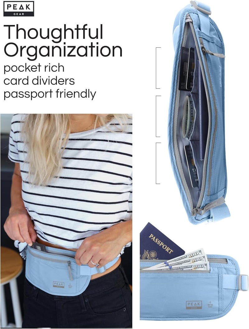 Peak Gear حزام نقود للسفر. محفظة سفر عالية الجودة مع قماش مانع لتقنية RFID لحماية بطاقات الائتمان، جوازات السفر والمستندات. حماية حصرية من السرقة و2 علامة استرداد | أزرق - Image 3
